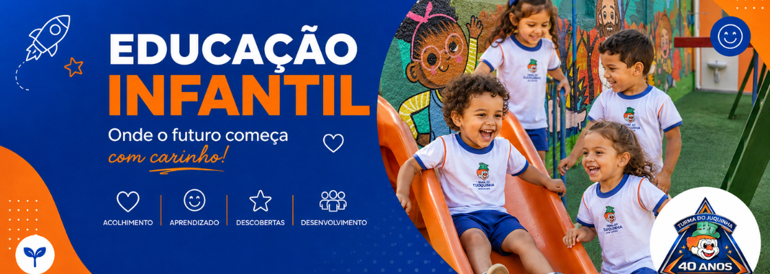 Crianças da Educação Infantil do Colégio Talentos brincando no parque da Turma do Juquinha, com uniforme escolar, em um ambiente colorido de aprendizagem, descobertas e desenvolvimento.